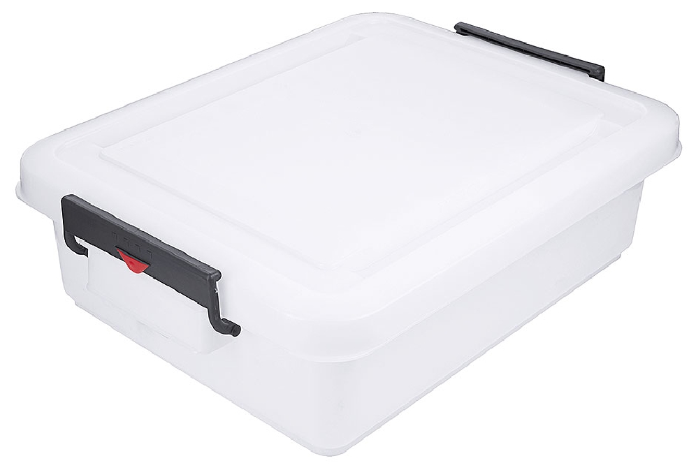 Transportbehälter 30l aus weißen Polypropylen, mit tragegriff, die den Behälterdeckel verriegelt, incl. Klemmdeckel