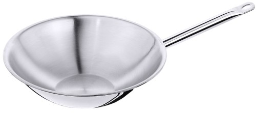 Wok mit abgeflachtem Boden, aus mehrschichtigem Material (u.a. Aluminium), Ummantelung aus Edelstahl 18/10 und 18/0, außen