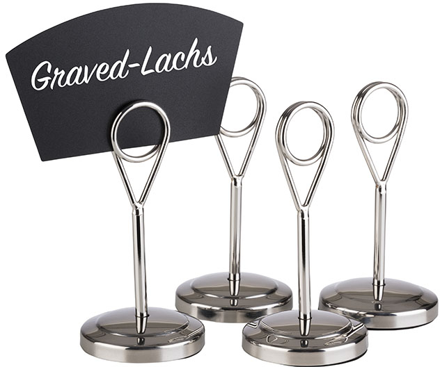 Kartenhalter, 4er Set Ø 5 cm, H: 10,5 cm Edelstahl, hochglanzpoliert inklusive 20 schwarzen Beschriftungskarten aus