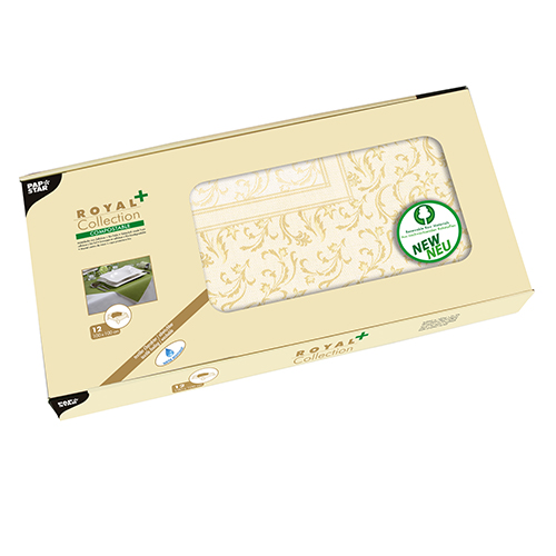 12 Mitteldecken, stoffähnlich, PV-Tissue "ROYAL Collection Plus" 100 cm x 100 cm champagner "Damascato" von PAPSTAR