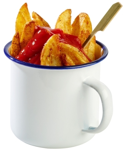 Henkelbecher -ENAMELWARE- Ø 10 cm, H: 9 cm, 0,5 Liter emailliertes Stahlblech innen: weiß außen: weiß Rand: blau