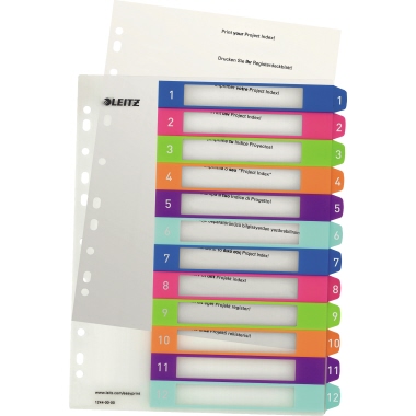 Leitz Zahlenregister WOW DIN A4, Überbreite 1-12 Polypropylen farbig sortiert