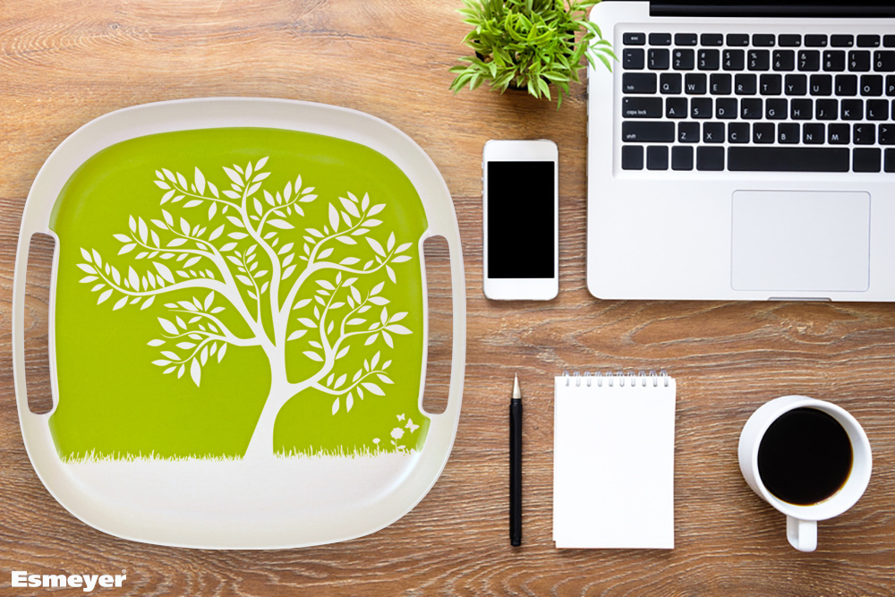 Serviertablett LONG ISLAND, grün/creme Baummotiv, hergestellt aus Bambusfasergemisch, rechteckig mit abgerundeten Kanten,