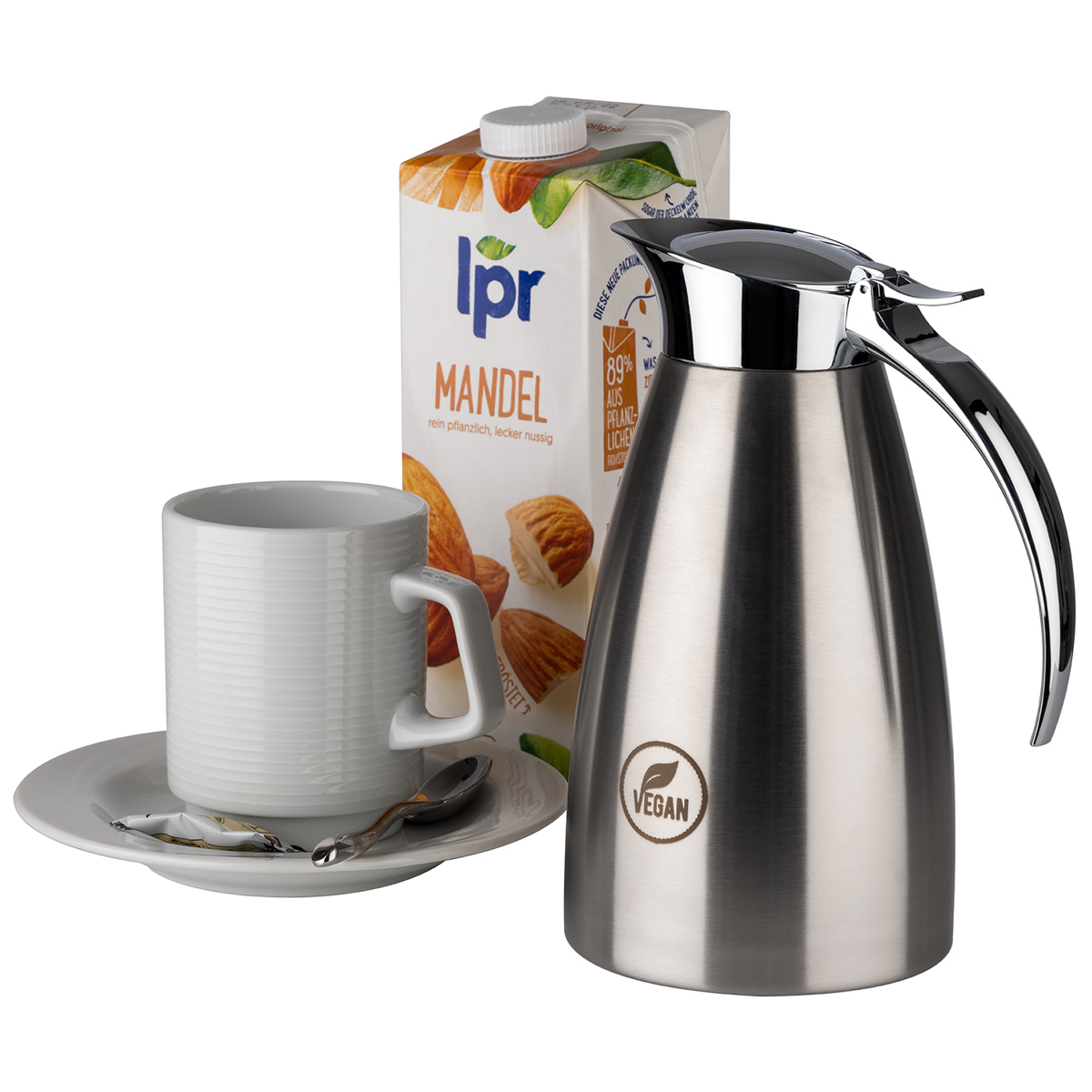 Isolierkanne -ADVANCED-, Ø 10,5 cm, H: 18 cm, 0,6 Liter, Edelstahl, mattiert, doppelwandig, Einhandautomatik, für 5 Tassen, Gravur: VEGAN