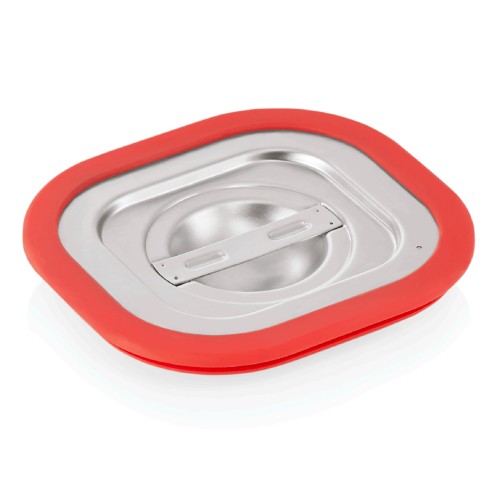 GN 1/6 Transportdeckel, mit umlaufender Silikondichtung und Loch gegen Unterdruck. Material: Chromnickelstahl, Silikon. Serie: GN 70.