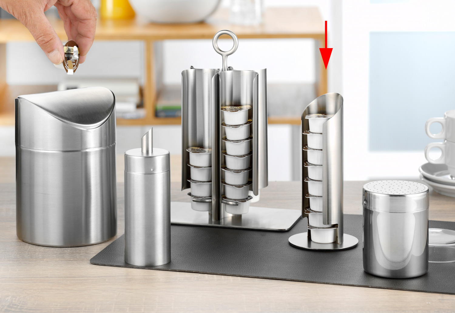 Milchkapselspender MEMPHIS, Material: Edelstahl 18/10, gebürstet, Höhe: 175 mm, Durchmesser: 80 mm.