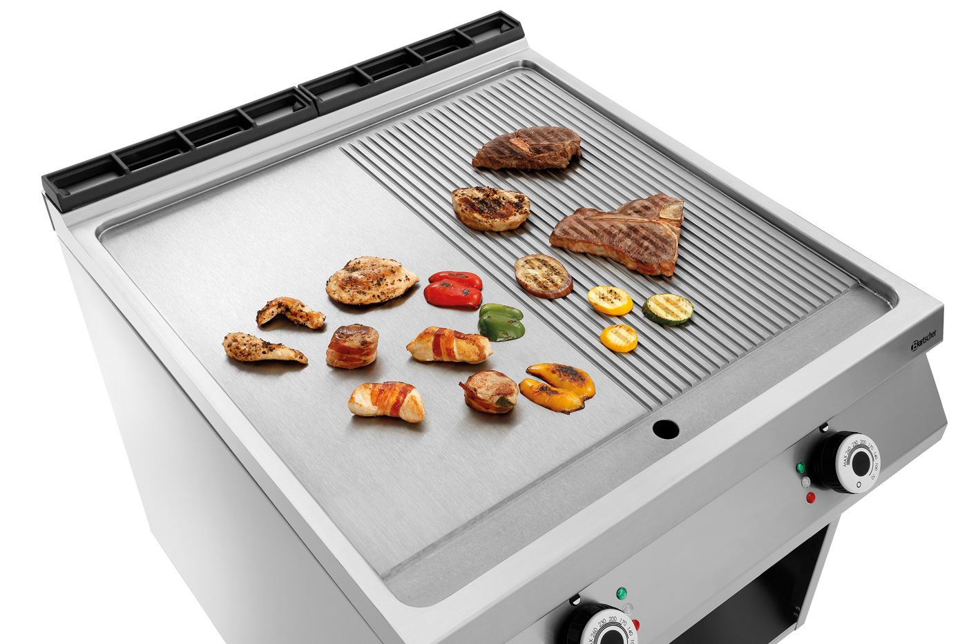 Bartscher Elektro-Griddleplatte, 1/2+1/2, OU |Anzahl Heizzonen: 2 | Maße: 80 x 90 x 90,0 cm.Gewicht: 121,6 kg