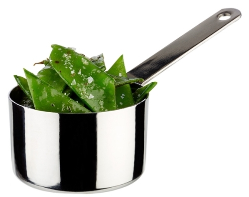 Stielkasserolle / Serviertopf Ø 7 cm, H: 4,5 cm Edelstahl 0,14 Liter Griff: 9 cm -SNACKHOLDER- spülmaschinengeeignet