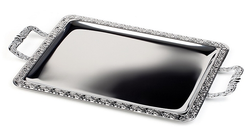 Tablett -SCHÖNER ESSEN- 52 x 31 cm 18/0 Edelstahl, mit Dekorrand Griffe Zinkdruckguss verchromt Griffe fest genietet