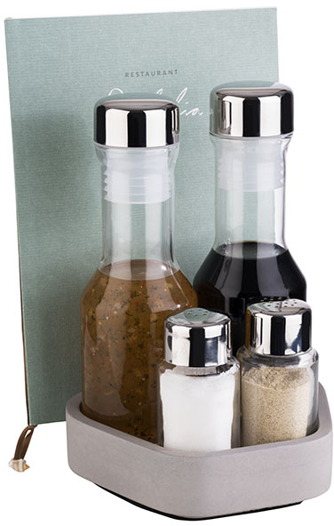 Menage / Kartenhalter-ELEMENT- 14 x 13,5 cm, H: 20 cm Set bestehen aus: - Basis, Beton Pfeffer- und Salzstreuer Essig- und