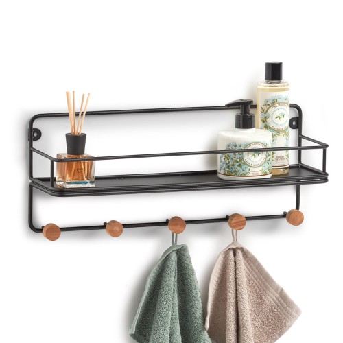 Wandregal m. Haken, Metall/Holz, schwarz. Länge: 450 mm. Breite: 118 mm. Höhe: 193 mm