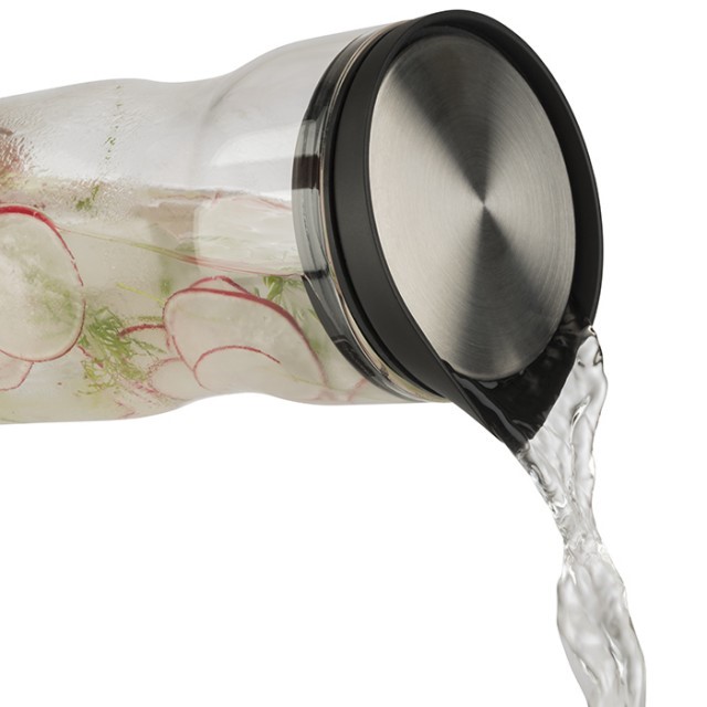 APS Glaskaraffe, Ø 8 cm, H: 32 cm, 1,2 Liter, Glas, 18/8 Edelstahl, Silikon, Deckel matt poliert