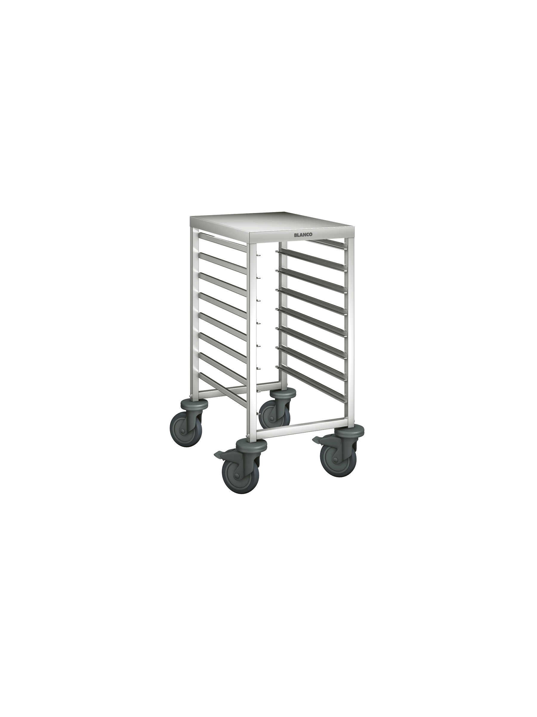BLANCO Regalwagen a. rostfreiem Edelstahl mit Kunststoffrollen, mit Arbeitsplatte, Auflagenpaare: 8 Paar, Auflagenabstand: 73 mm,