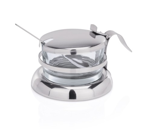 Parmesan/Marmeladen Menage. Chromnickelstahl/Behälter aus Glas. mit Edelstahllöffel.
