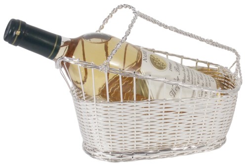 Weindekantierkorb aus versilbertem Stahldraht, Silberschicht 0,5µ, anlaufgeschützt, nicht spülmaschinengeeignet, für 0,75 l-Flaschen,