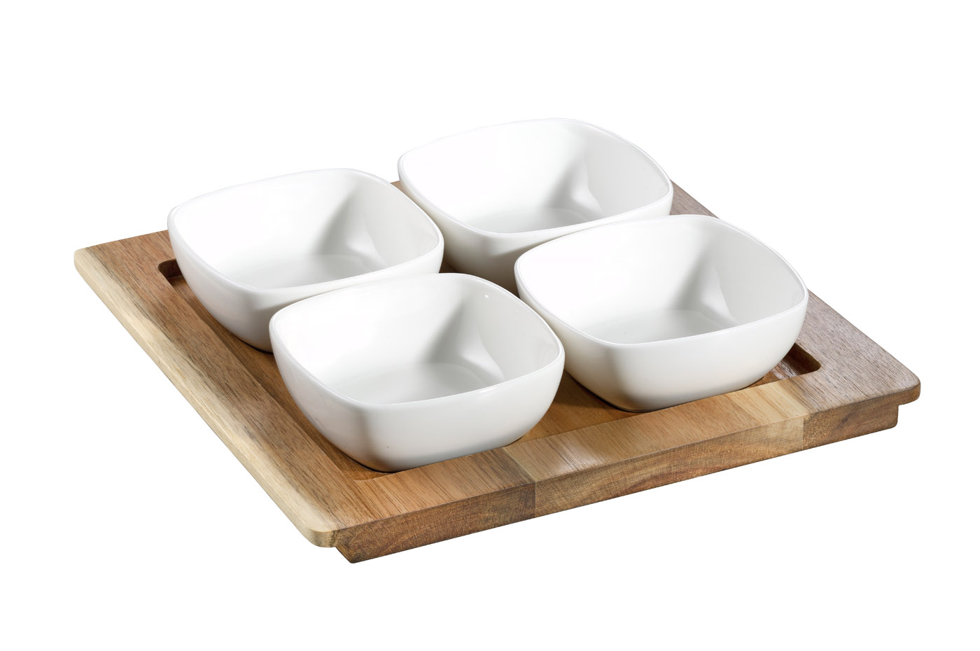 5-teiliges Servierschalen Set LUND, quadratisch 4 Schalen aus weißem Porzellan ca 10 x 10 x 3,9 cm 1 Tablett aus Akazienholz ca. 25 x 25 x 1,5 cm