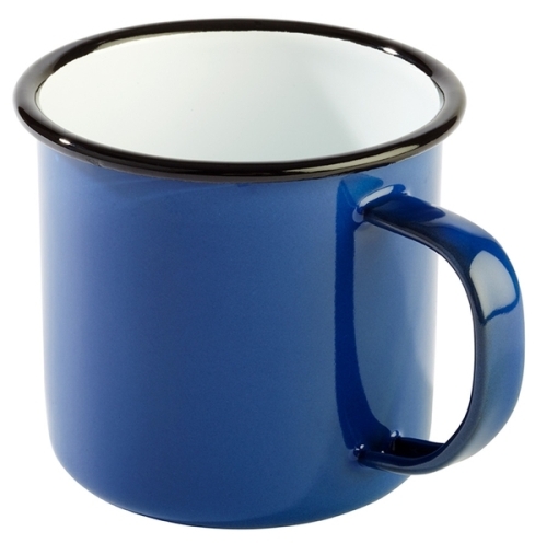 Henkelbecher -ENAMELWARE- Ø 9 cm, H: 8 cm, 0,35 Liter emailliertes Stahlblech innen: weiß außen: blau Rand: schwarz