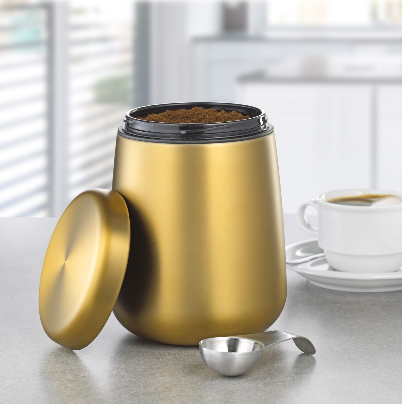 Vorratsdose AVIGNON, aus Edelstahl 18/10, goldfarben lackiert, Maße: Höhe ca. 16,5 cm, Durchmesser ca. 11,5 cm.