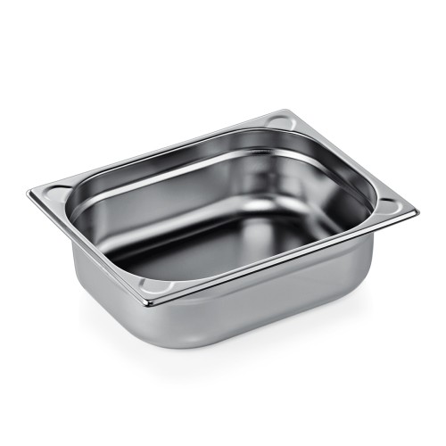 GN 1/2 Behälter, Materialstärke 0,6 mm, Randverstärkung durch geprägte U-Ecken. Material: Chromnickelstahl. Serie: GN 76. Inhalt in Litern: