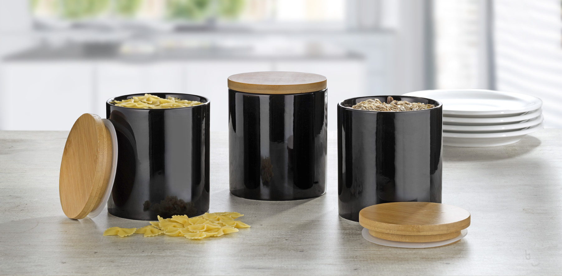 3-teiliges Vorratsdosen-Set GRENOBLE, mittel, Farbe: schwarz, Durchm. x Höhe: ca. 11 x 13 cm, Porzellan mit Bambusdeckel inkl. Silikondichtung.