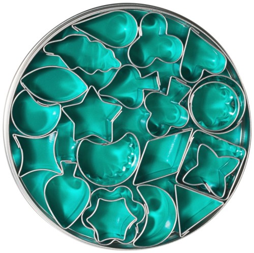 Garnier-Ausstecher (Set à 21 Stück sortiert) aus Weißblech, komplett in einer Weißblech-Dose Größe: 25 mm - 35 mm, Höhe: 20 mm