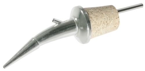 Ausgießer für Samtkragen aus silberfarben beschichtetem Messing, spitz auslaufendes konisches Gießrohr, Naturkorken,