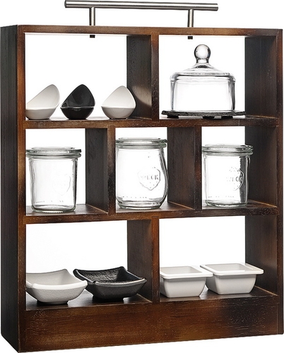 High Tea Rack 34 x 10 cm, H: 38 cm Holz, dunkelbraun Edelstahlgriff 4 große Fächer 15x10x10 cm 3 kleine Fächer 9,5 x9,5x10 cm