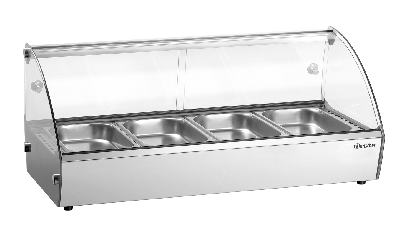 Bartscher Heiße Aufsatzvitrine R4 4 x 1/3 GN |Temperaturbereich von: 30 °C | Maße: 77,5 x 42 x33,5 cm. Gewicht: 16,2 kg