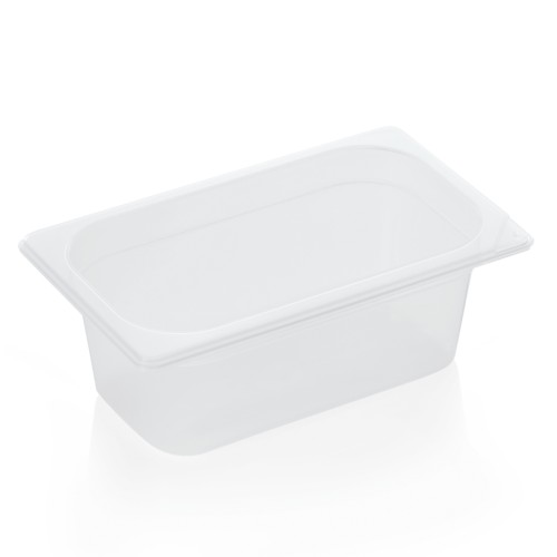 GN 1/4 Behälter, BPA frei, Deckel fest schließend, Behälter und Deckel können mit HACCP Clips farbig markiert werden, mit Skalierung.