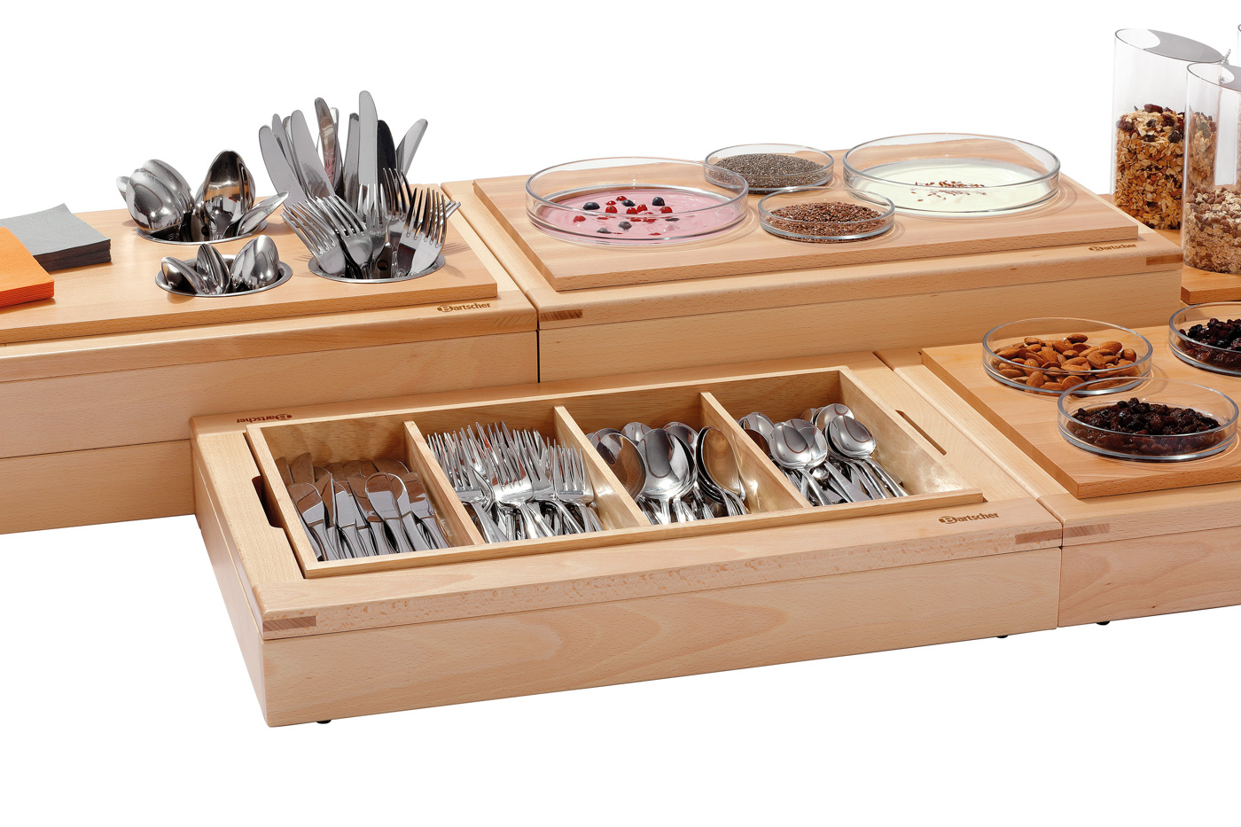 Bartscher Buffet-System Set BKA4 | 1 Besteckkasten, 4-geteilt ,1 Basisrahmen ,1 Abschlussrahmen | Maße: 58 x 40,5 x 96 cm.