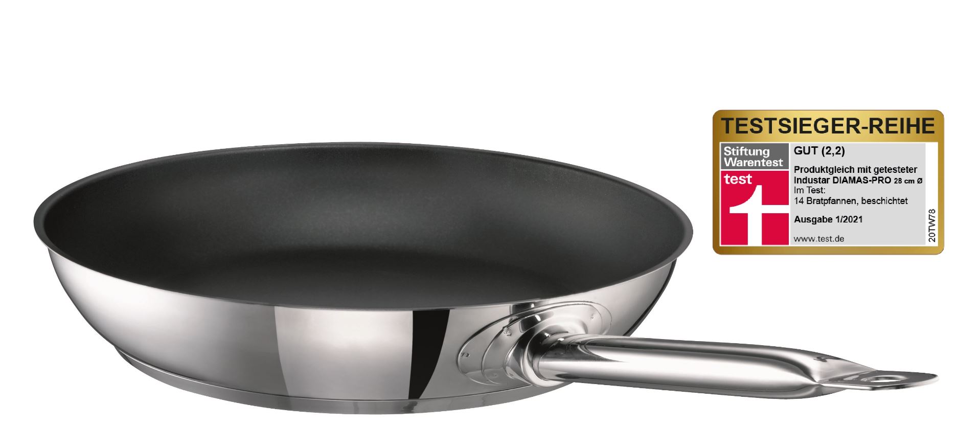 Gastro SUS Bratpfanne Industar 24 cm Edelstahl, DIAMAS-PRO Antihaftbeschichtung Testsieger-Reihe - Stiftung Warentest 1/2021
