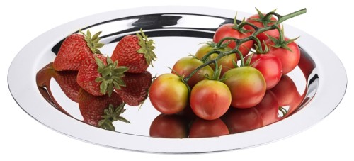 Bankettplatte, rund aus Edelstahl 18/10, hochglänzend, glatt auslaufender Rand, Materialstärke 1,5 mm, extra schwere Qualität,