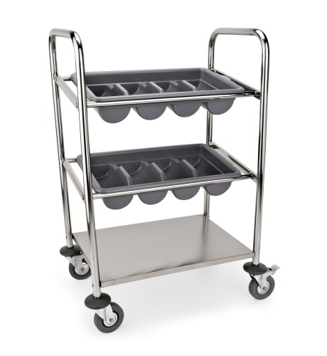 Besteckwagen. Chromnickelstahl. mit Ablagebord und 2 Haltern inkl. Besteckkästen 1518