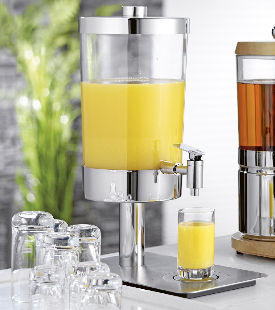 Saftdispenser SUNDAY, Inhalt: 6 ltr., glasklar, SAN-Kunststoff, 2 Kühlakkus, Maße: ca. 21x35 cm, Höhe: 48 cm, Standfuß und Deckel aus 18/10