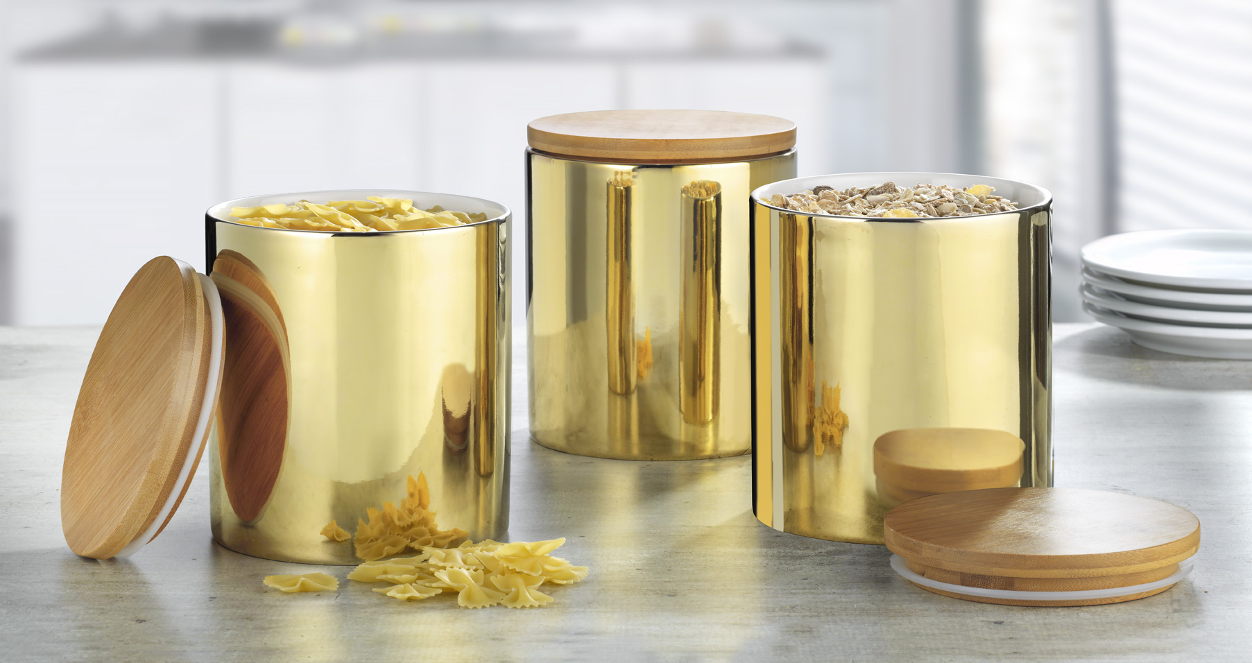 3-teiliges Vorratsdosen-Set GRENOBLE, Höhe 15,8 cm Aus Porzellan, Farbe: Gold (innen weiß).