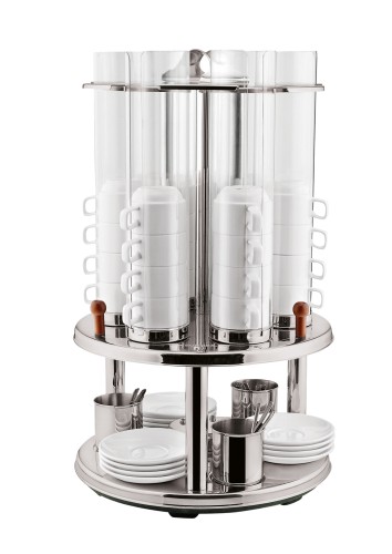 Tassenspender. Edelstahl. mit 3 Löffelbechern, 6 Schächte aus Polycarbonat für max. 48