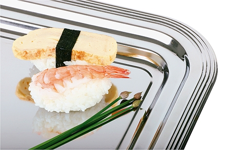 Partyplatte -CLASSIC- 41 x 31 cm, Metall vernickelt und glanzverchromt mit Liniendekor Rand eingerollt Materialdicke 0,35