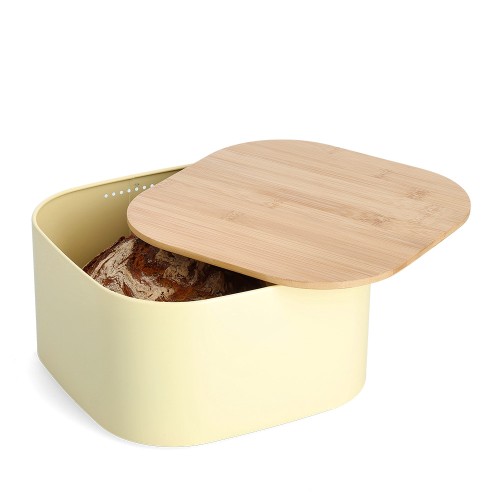 Brotkasten m. Bambusdeckel, Metall, gelb / Maße: 26,5x26,5x14,5 cm