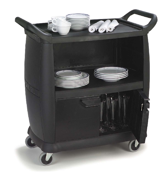 Abräum und Transportwagen Black Beauty (klein), mit 3 Borden, mit Tür (und Bord) und Rückwand, Maße: L 92,08cm x B 53,98cm x H 96,25cm