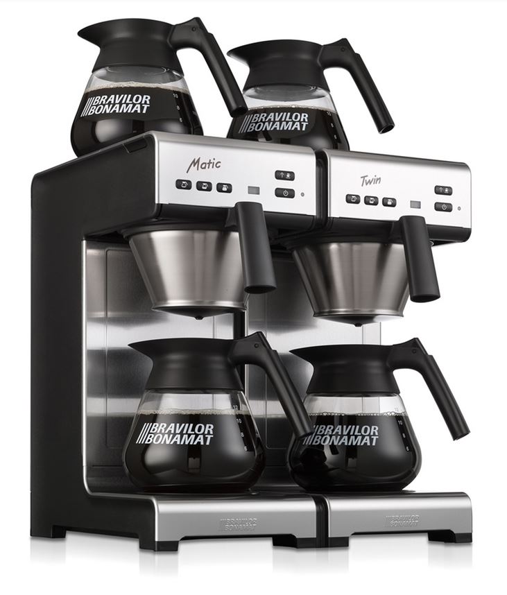MONDO TWIN Kaffeemaschine von Bonamat, 2 Brühsysteme und 4 Warmhalteplatten, mit 4 Glaskannen