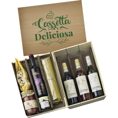 Präsentkorb Casetta Deliciosa gefüllt Holz braun