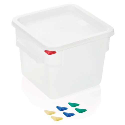 HACCP Vorratsbehälter, mit farbigen HACCP Clips, mit Skalierung und Griffen. Material: Polyethylen, Polypropylen. Inhalt in Litern: 6.