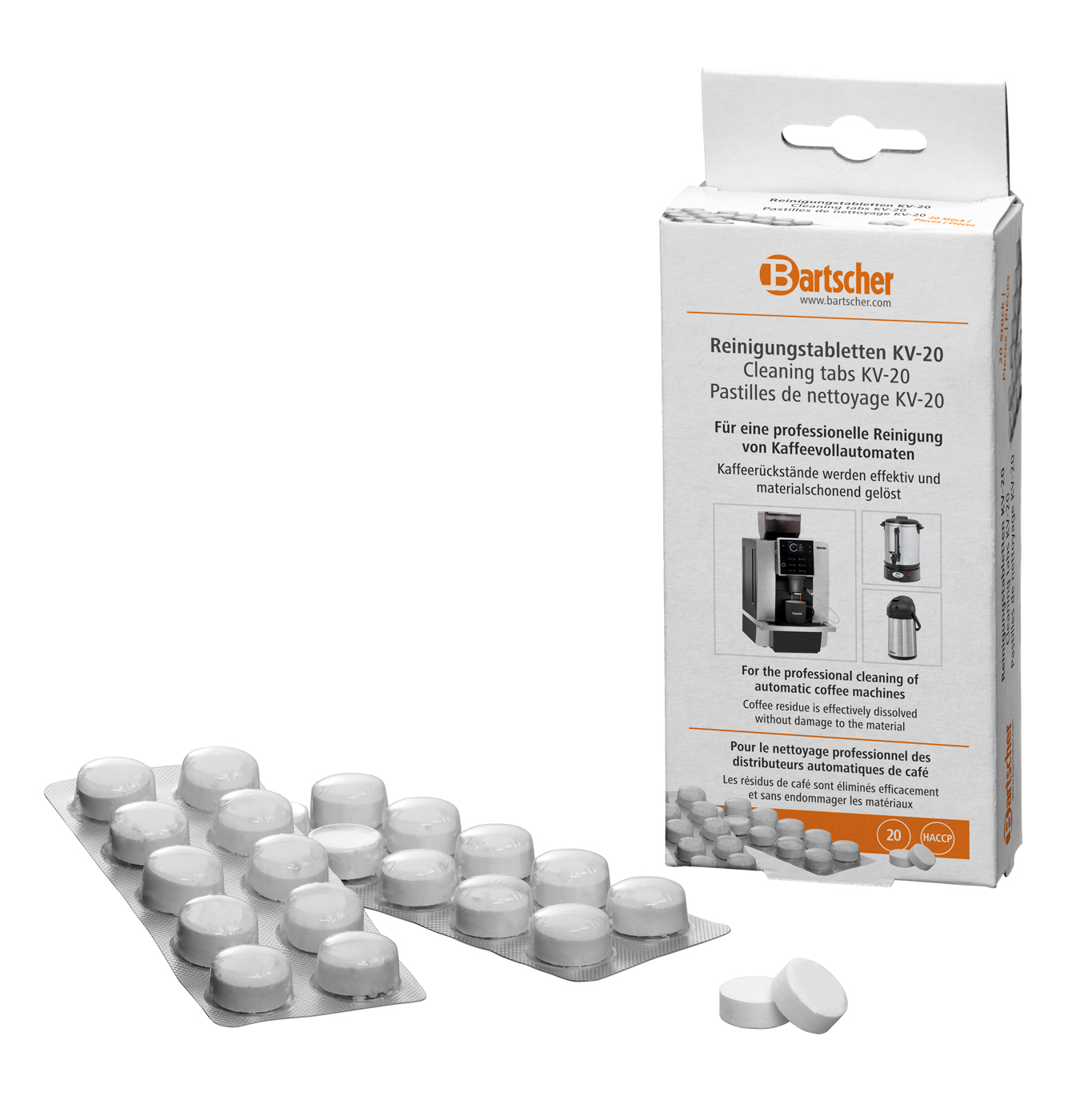 Bartscher Reinigungstabletten KV-20 | HACCP-konform: Ja | Maße: 3 x 7,5 x 180 cm. Gewicht: 0,065 kg