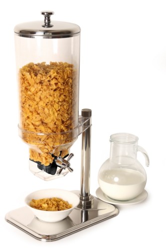 Müslispender Rahmen und Abstellplatte aus hochglänzendem Edelstahl, Behälter aus Polycarbonat, Dosiermechanismus auch für