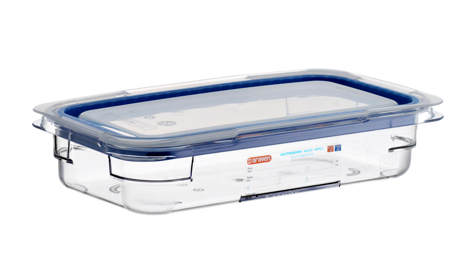 ARAVEN luftdichter Polycarbonat Behälter GN 1/3 65mm Höhe und 1,65 Liter Fassungsvermögen mit Deckel, durchsichtig