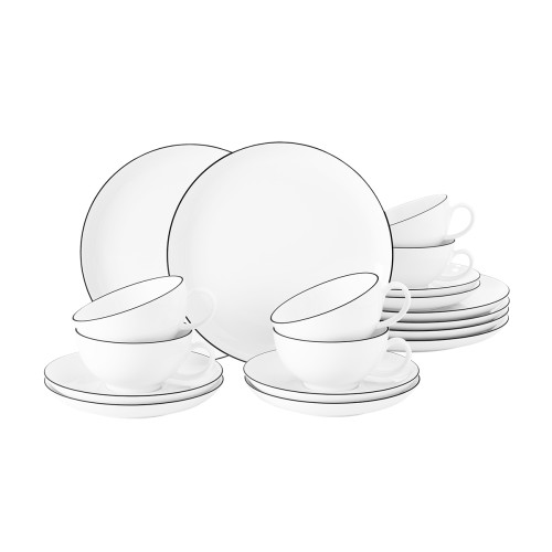 Seltmann Teeservice 18-teilig A, rund, Form: Lido, Dekor: 10826 Black Line, hohe Kantenschlagfestigkeit, Made in Germany
