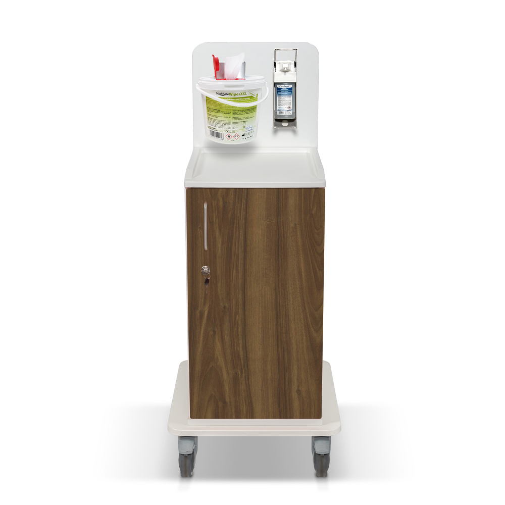 ETHERNASOLID® MULTICART Desinfektionswagen T11 mit Spenderhalterung und Desinfektionsspender für 500-ml-Euroflaschen, Walnuss