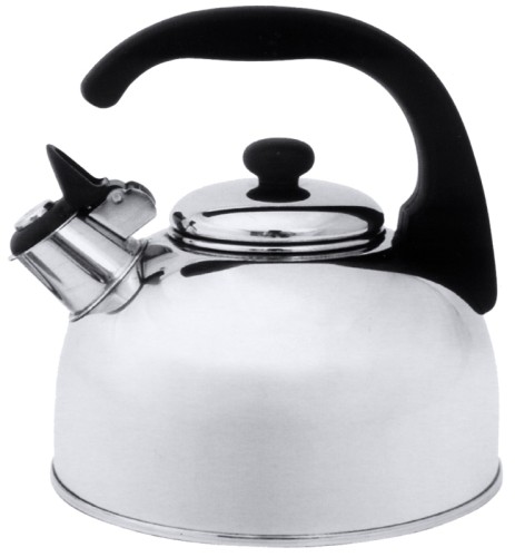 Flötenwasserkessel mit halboffenem Griff aus Edelstahl 18/10, hochglänzend mit schwarzem Duroplastgriff, einfacher Boden, nicht