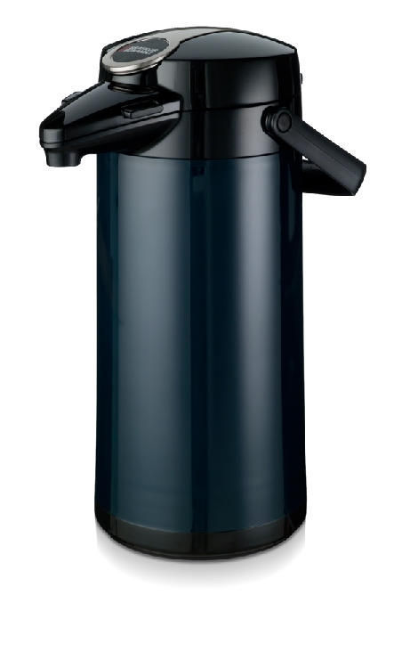 Pumpkanne Bravilor Bonamat Airpot furento Inhalt 2,2 L, blau, mit Glas-Innenzylinder, mit Druckhebel, Höhe 37,8 cm - Durchmesser 16,4 cm