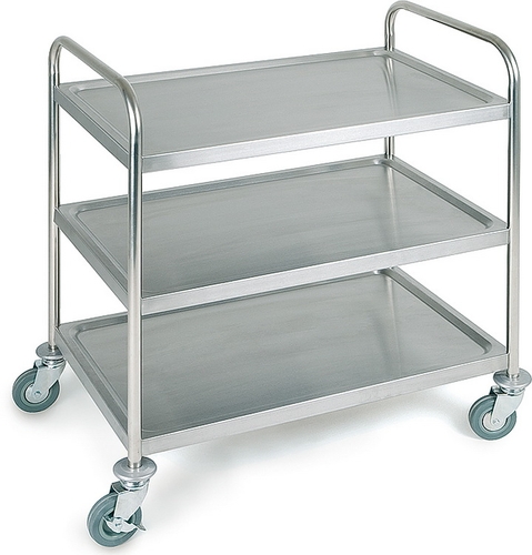 Servier- / Transportwagen 91 x 59 cm, H: 93 cm Edelstahl mattiert, 3 Borde Bordmaße: ca. 83 x 51 cm. Maß zwischen den Borden: